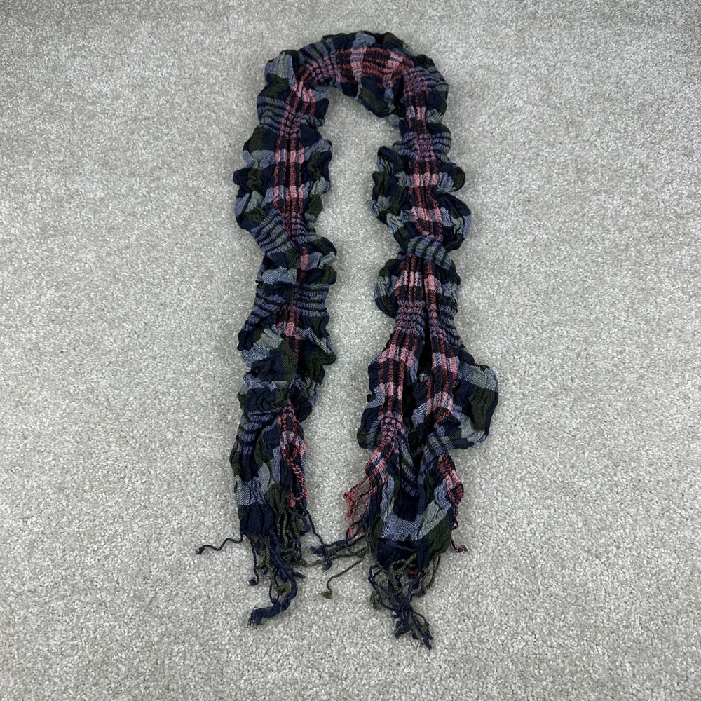 Plaid Smocked Ruched Fringe Scarf Navy Olive Pink Textured Boho Y2K Grunge Indie